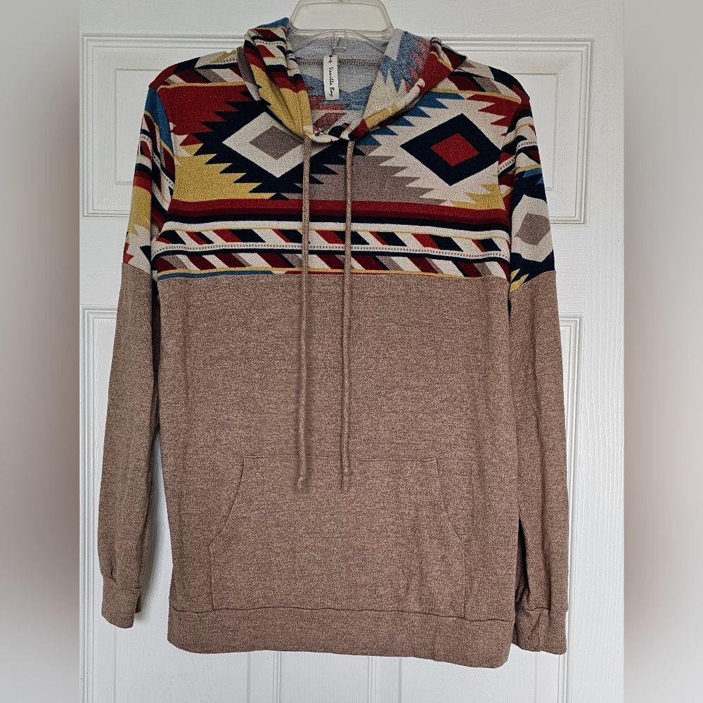 Vanilla Bay Brown and Multicolor Aztec Hoodie Ladies Large